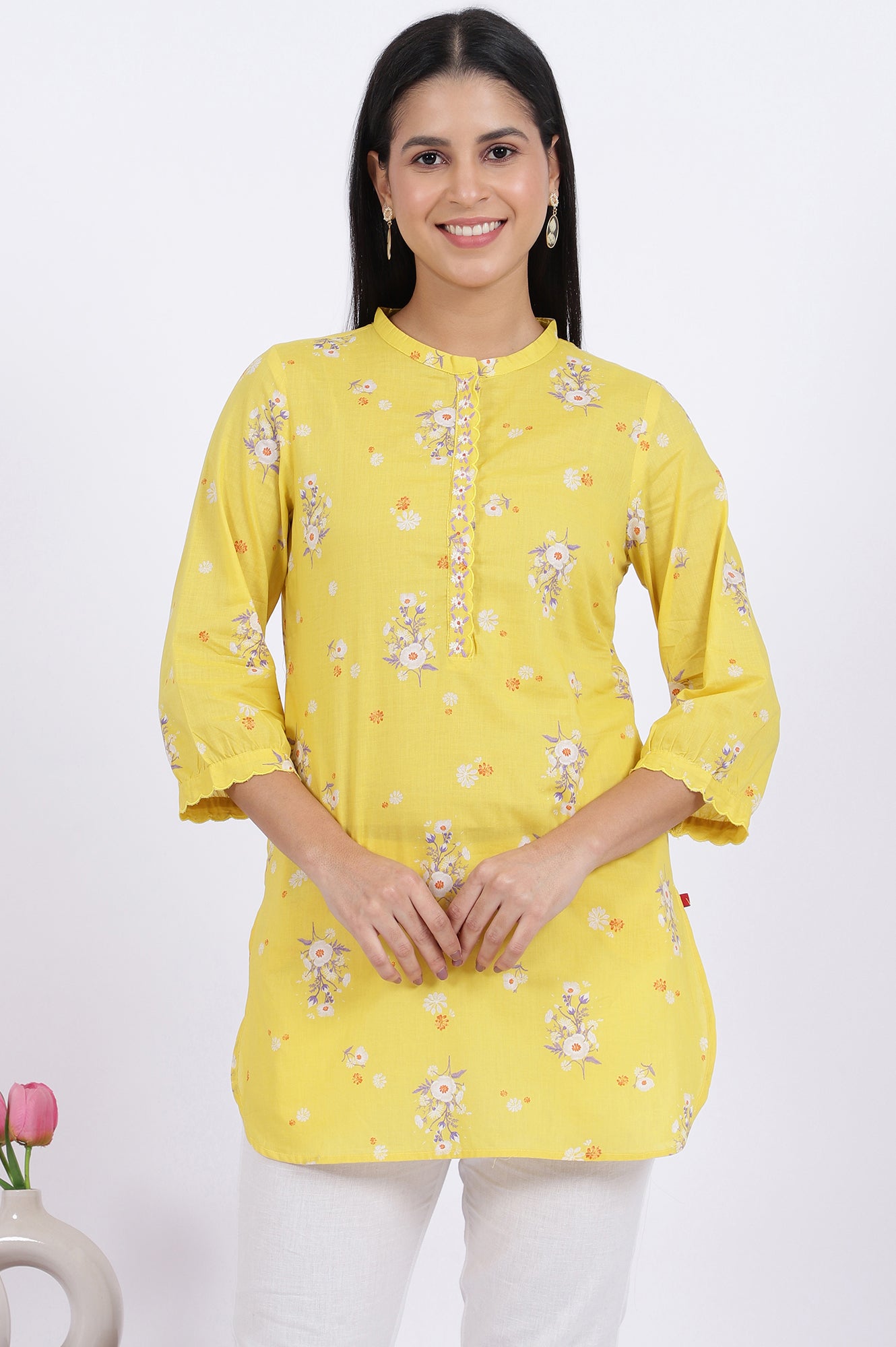 Yellow Floral Printed Straight Pure Cotton Tunic