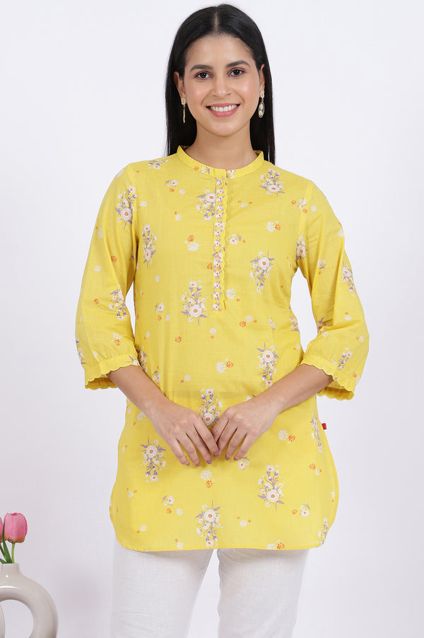 Yellow Floral Printed Straight Pure Cotton Tunic