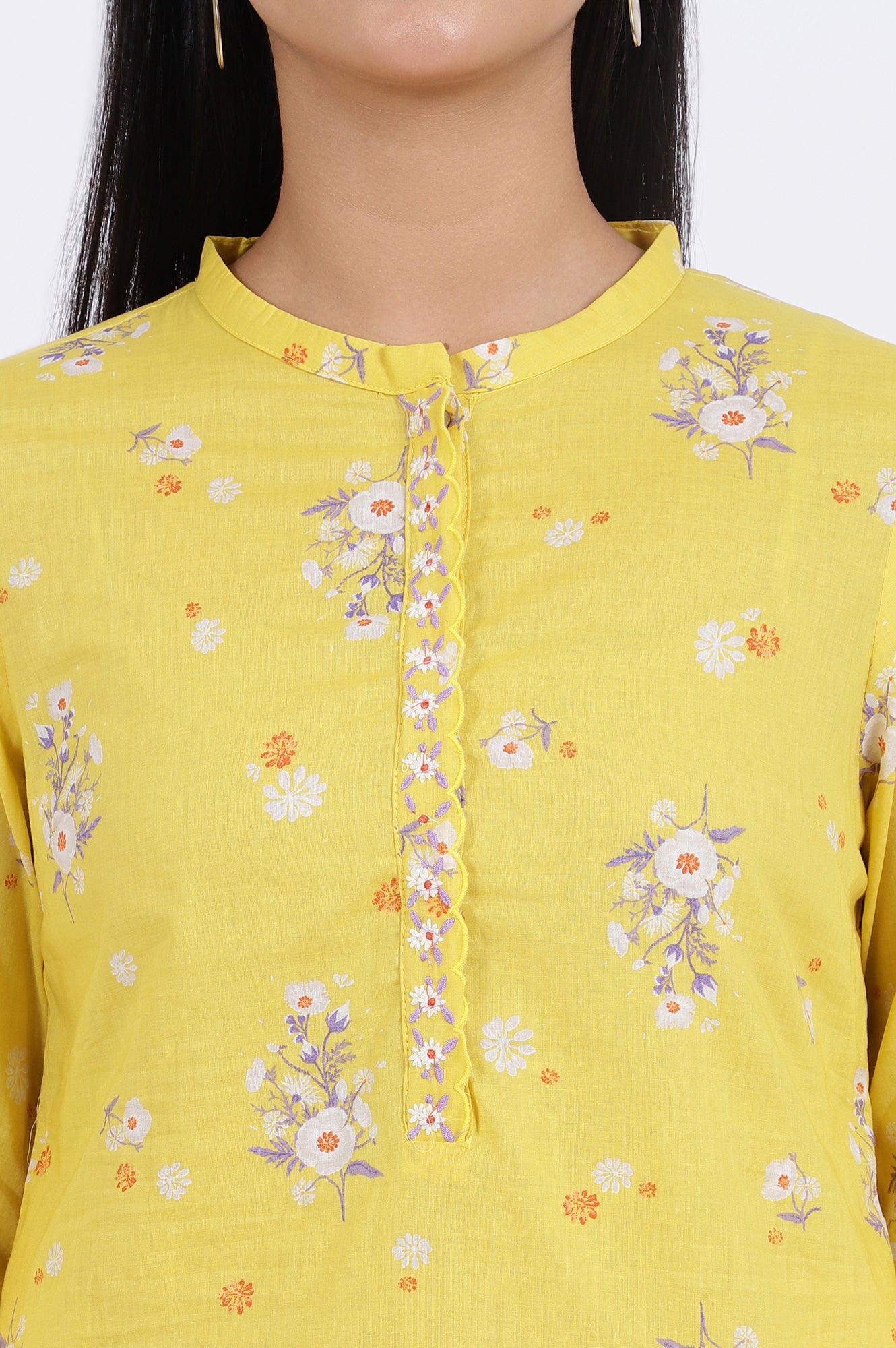 Yellow Floral Printed Straight Pure Cotton Tunic