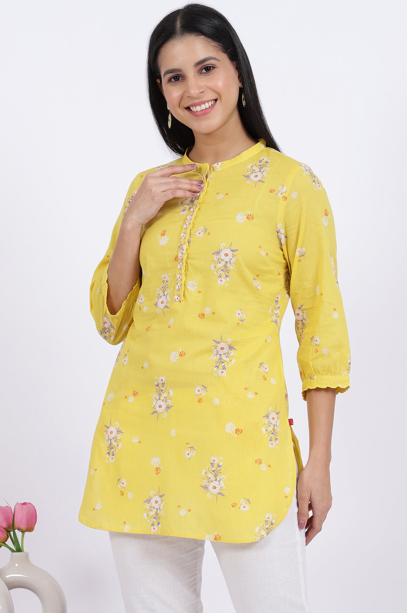 Yellow Floral Printed Straight Pure Cotton Tunic