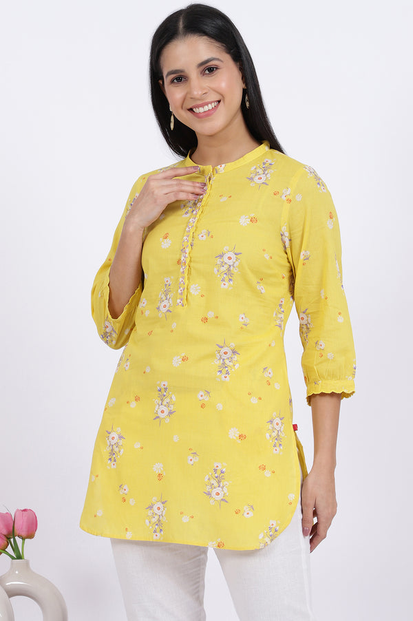 Yellow Floral Printed Straight Pure Cotton Tunic