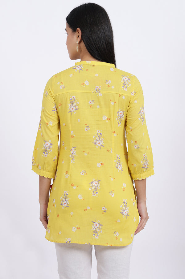 Yellow Floral Printed Straight Pure Cotton Tunic