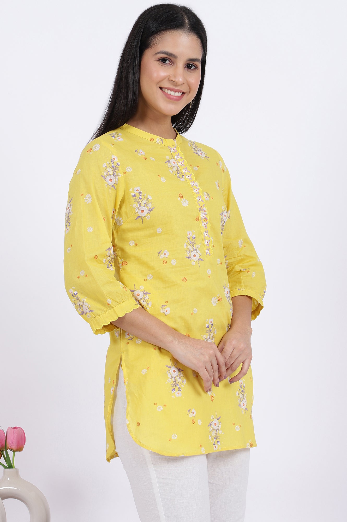 Yellow Floral Printed Straight Pure Cotton Tunic