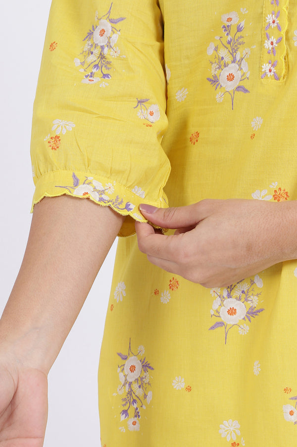 Yellow Floral Printed Straight Pure Cotton Tunic