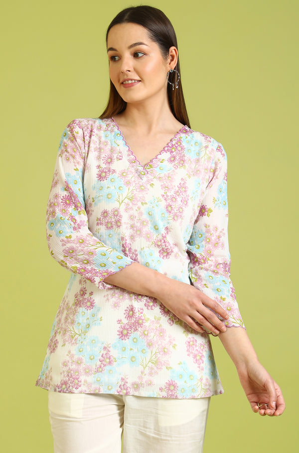 White Floral Printed Cotton Crinkle Crepe Ethnic Top