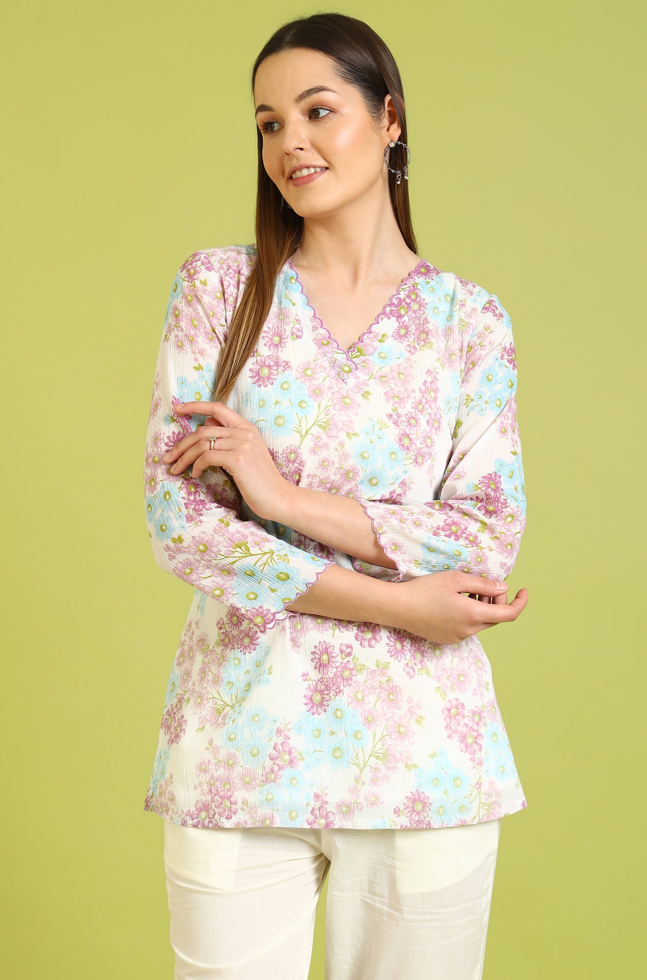 White Floral Printed Cotton Crinkle Crepe Ethnic Top