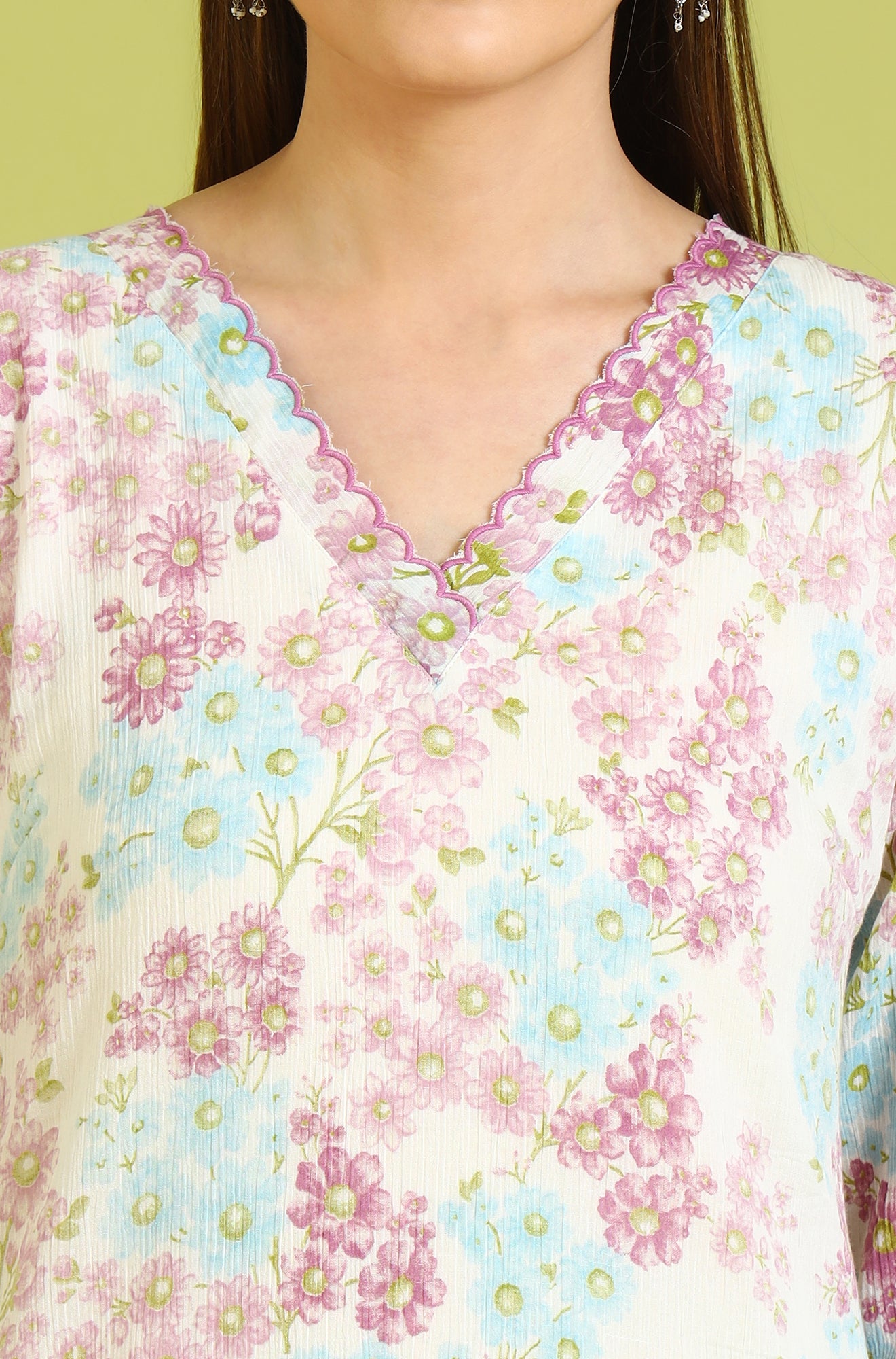 White Floral Printed Cotton Crinkle Crepe Ethnic Top