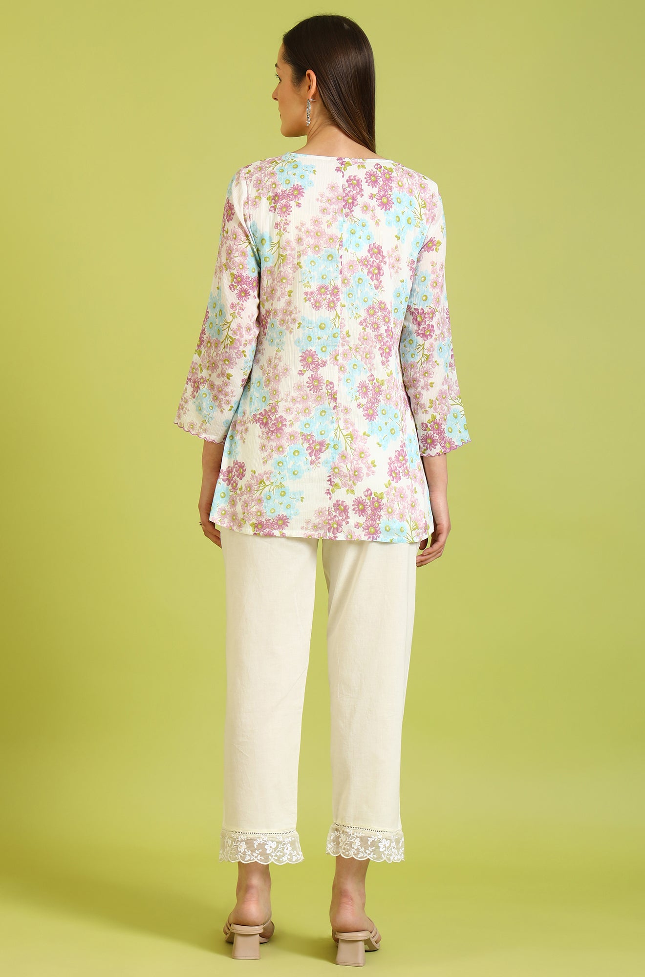 White Floral Printed Cotton Crinkle Crepe Ethnic Top