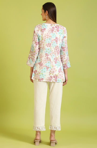 White Floral Printed Cotton Crinkle Crepe Ethnic Top