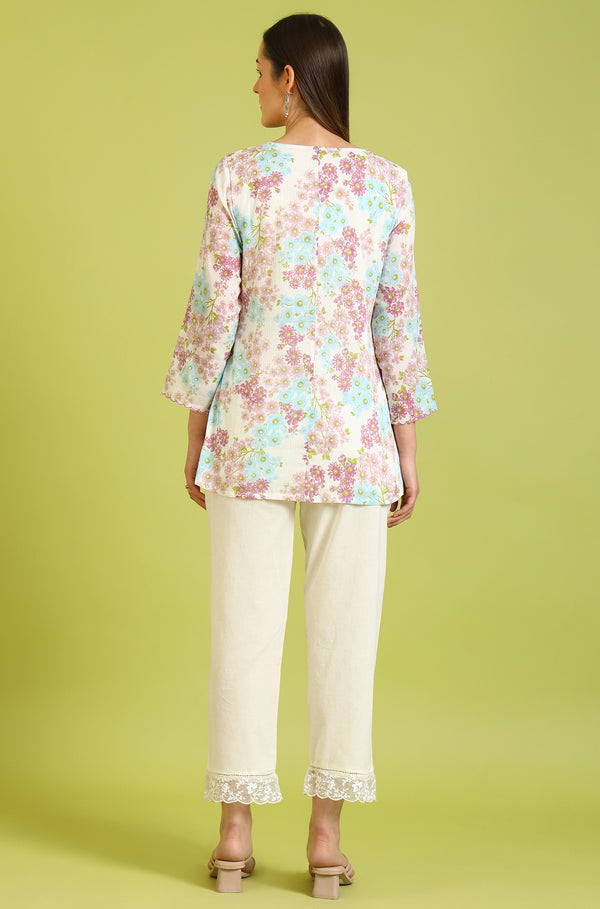 White Floral Printed Cotton Crinkle Crepe Ethnic Top