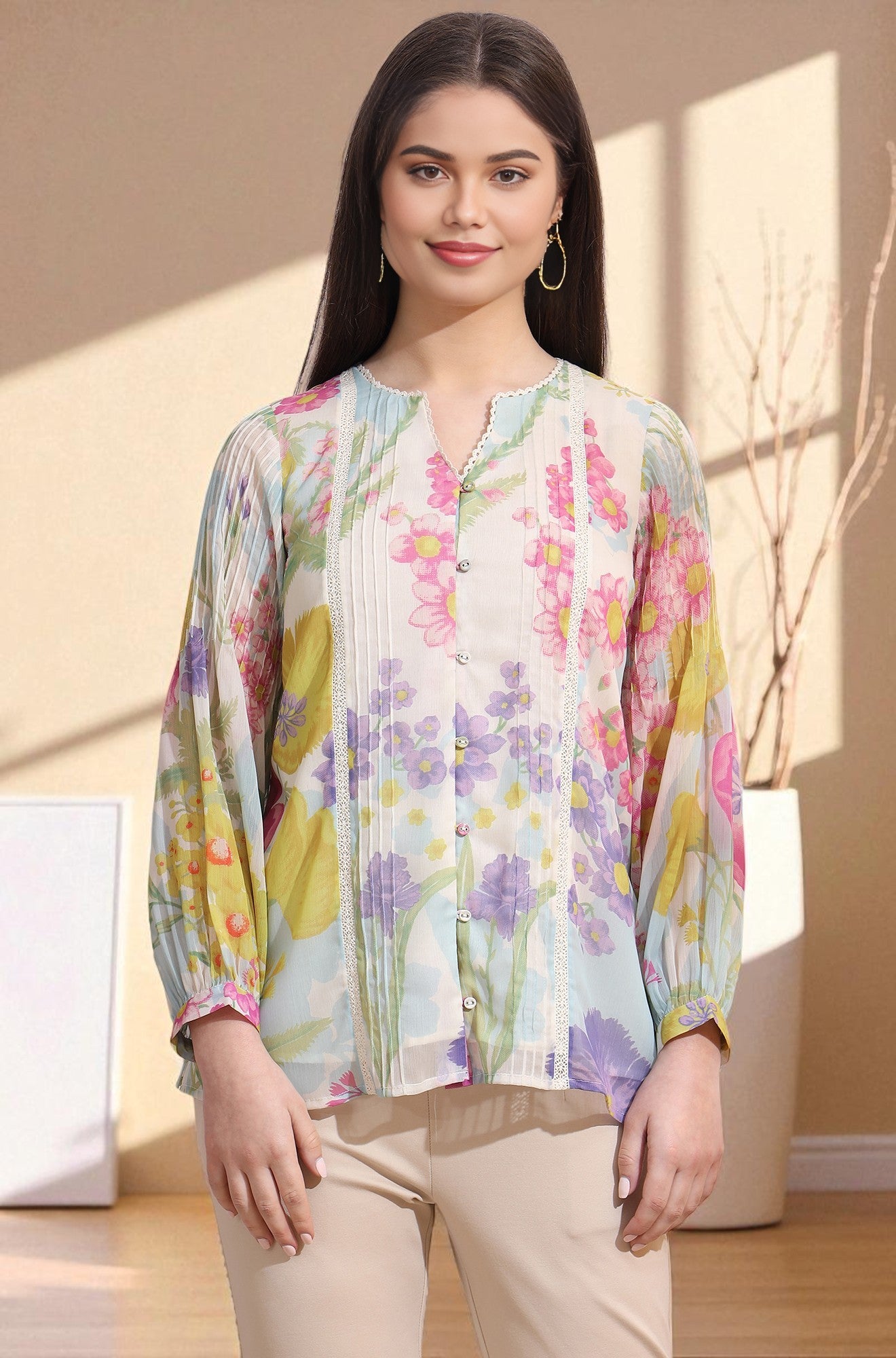 White Floral Printed Chiffon Top with Lace Work