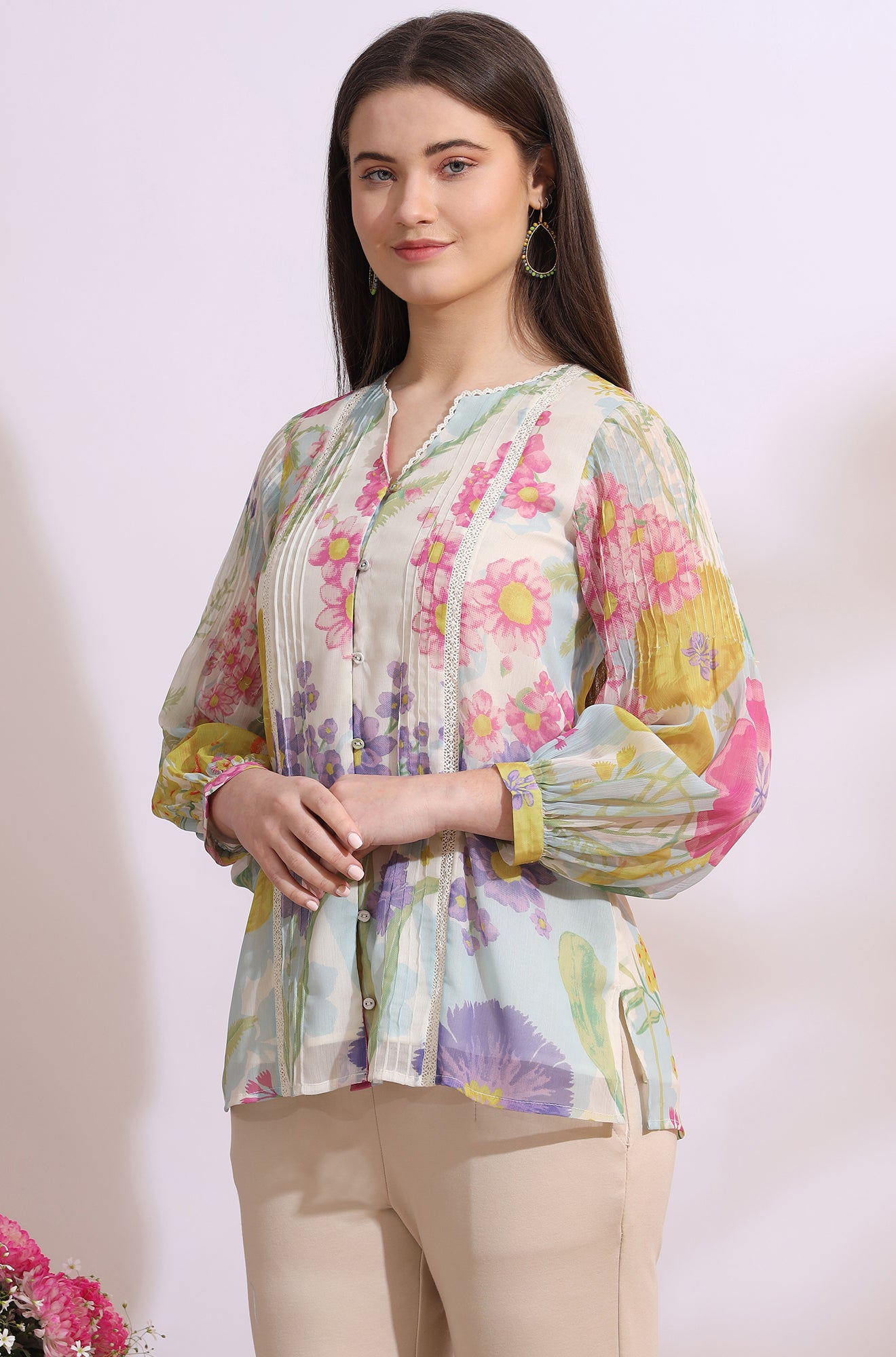 White Floral Printed Chiffon Top with Lace Work