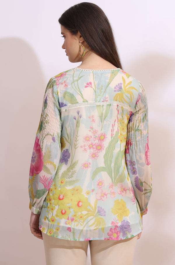 White Floral Printed Chiffon Top with Lace Work