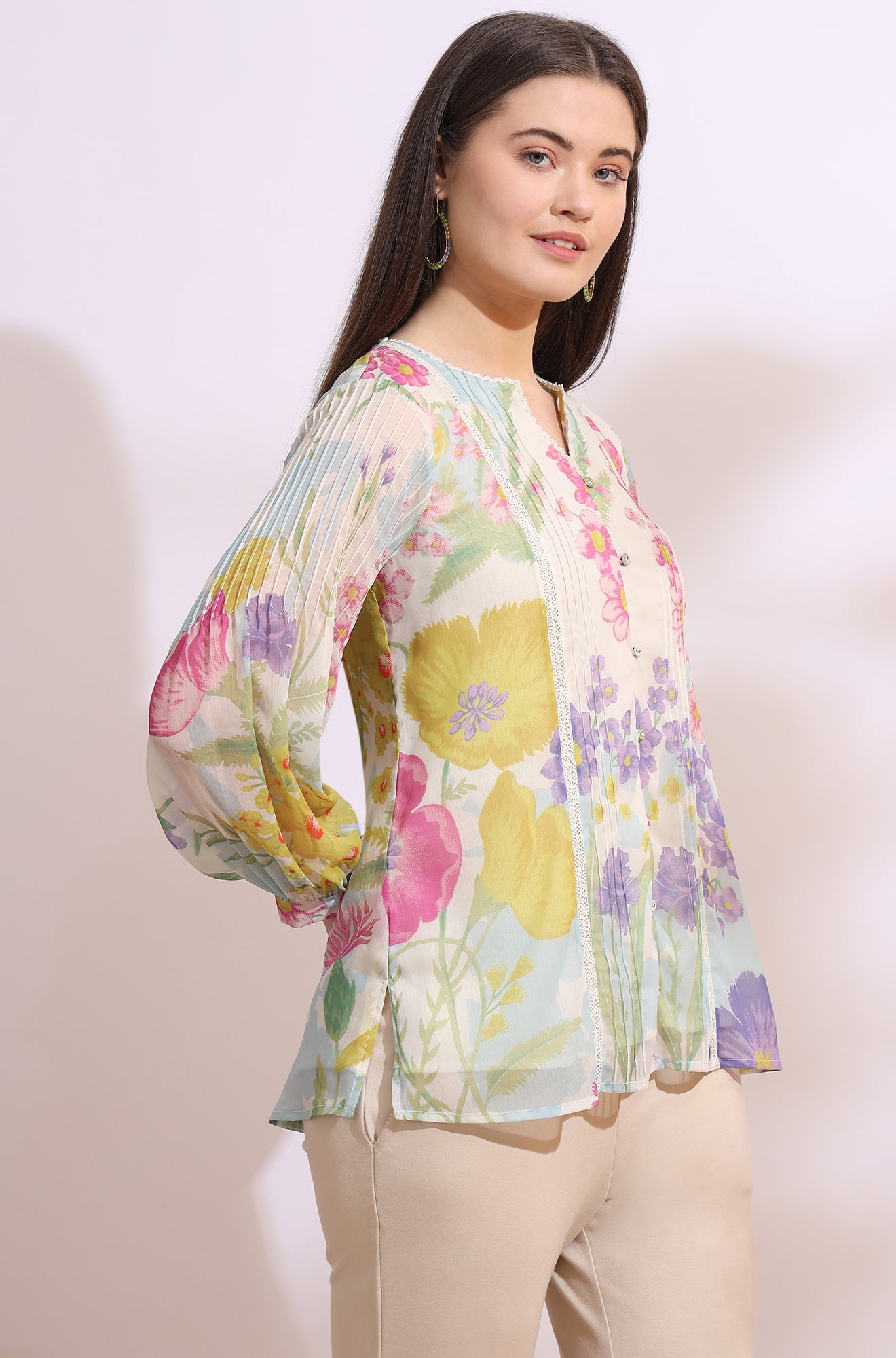 White Floral Printed Chiffon Top with Lace Work