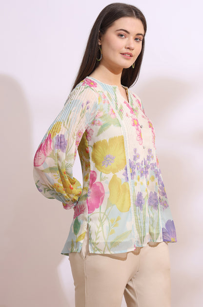 White Floral Printed Chiffon Top with Lace Work