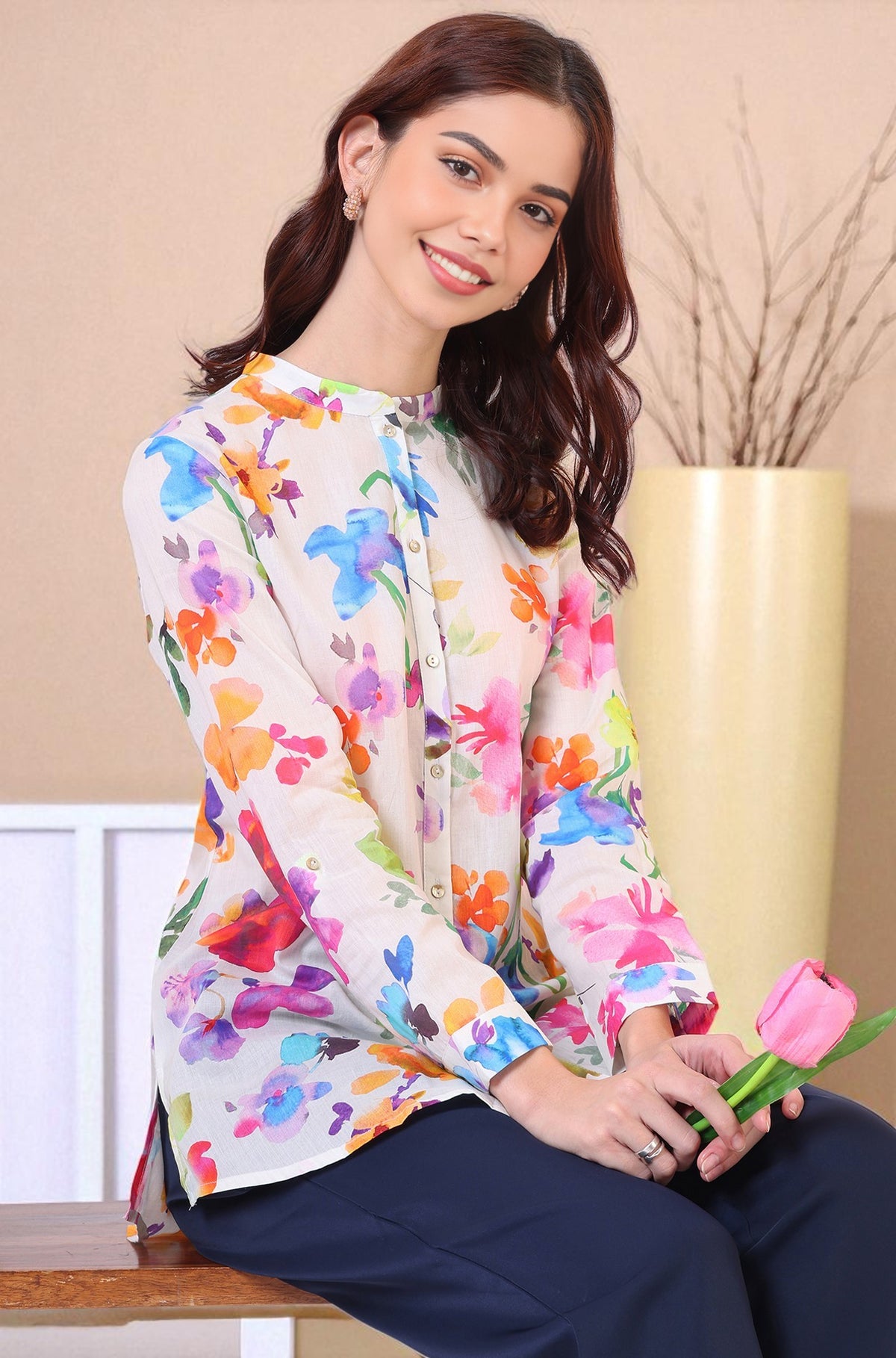 Multicolor Floral Printed Straight Pure Cotton Top - XS