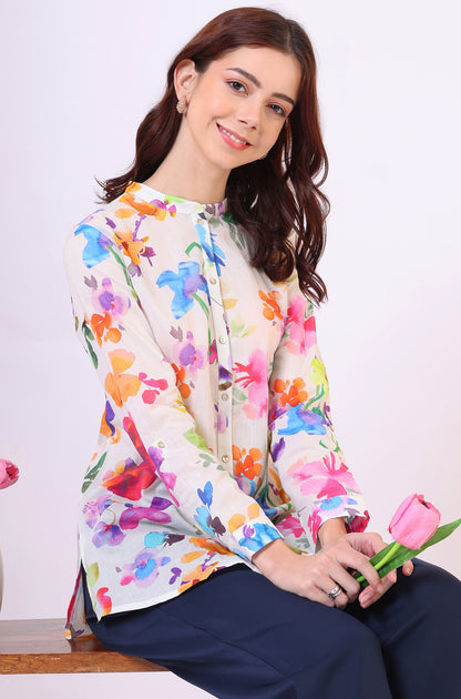 Multicolor Floral Printed Straight Pure Cotton Top