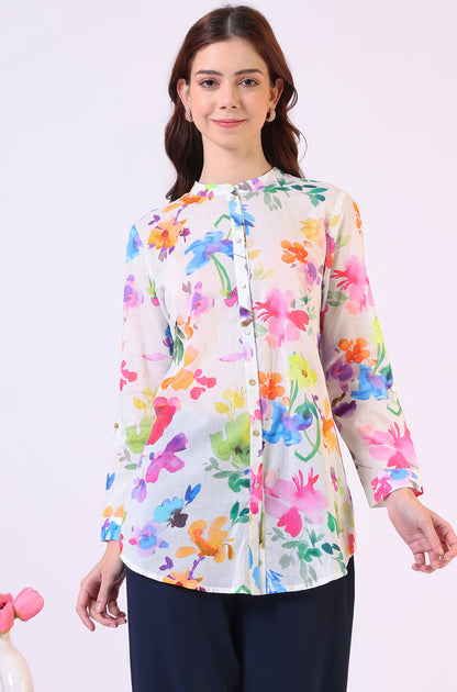Multicolor Floral Printed Straight Pure Cotton Top