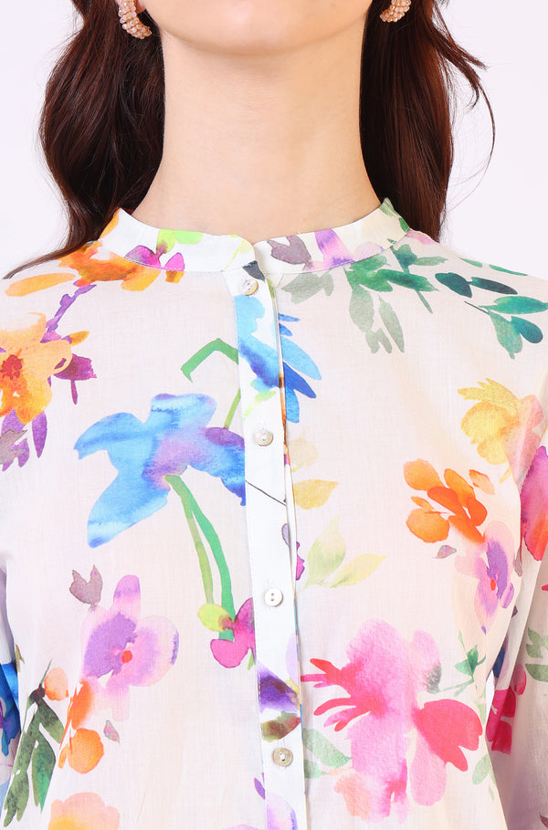 Multicolor Floral Printed Straight Pure Cotton Top