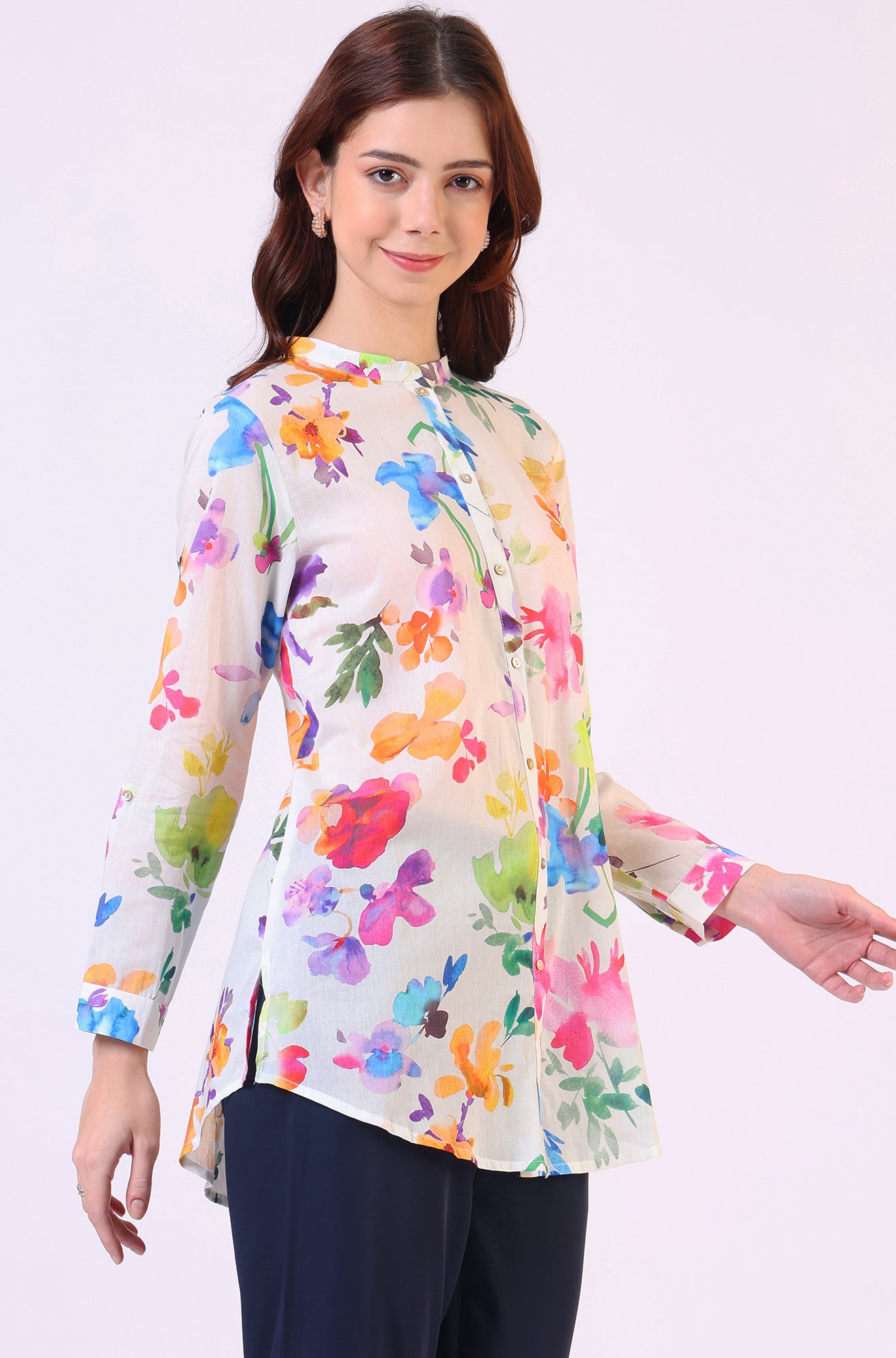 Multicolor Floral Printed Straight Pure Cotton Top
