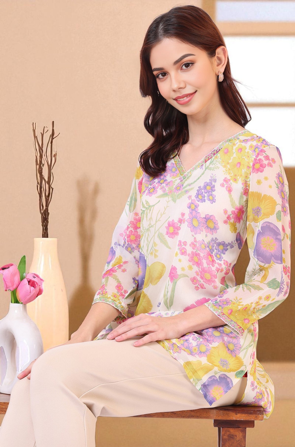 White Floral Printed Straight Chiffon Ethnic Top - XS