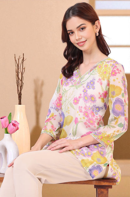 White Floral Printed Straight Chiffon Ethnic Top