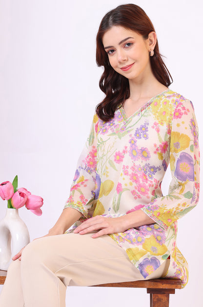 White Floral Printed Straight Chiffon Ethnic Top