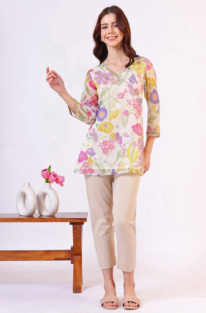 White Floral Printed Straight Chiffon Ethnic Top