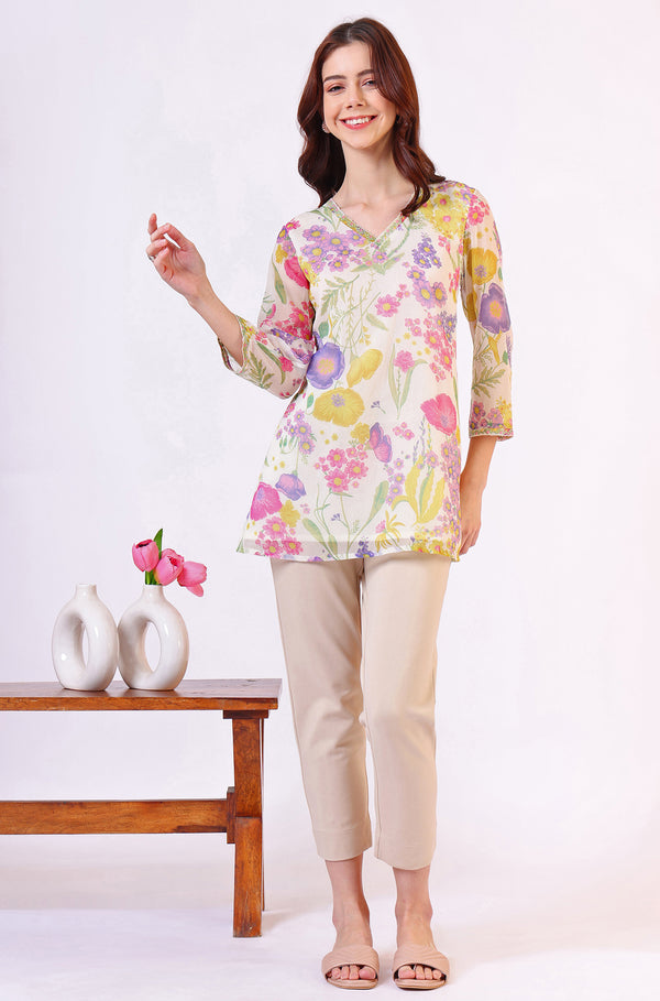 White Floral Printed Straight Chiffon Ethnic Top