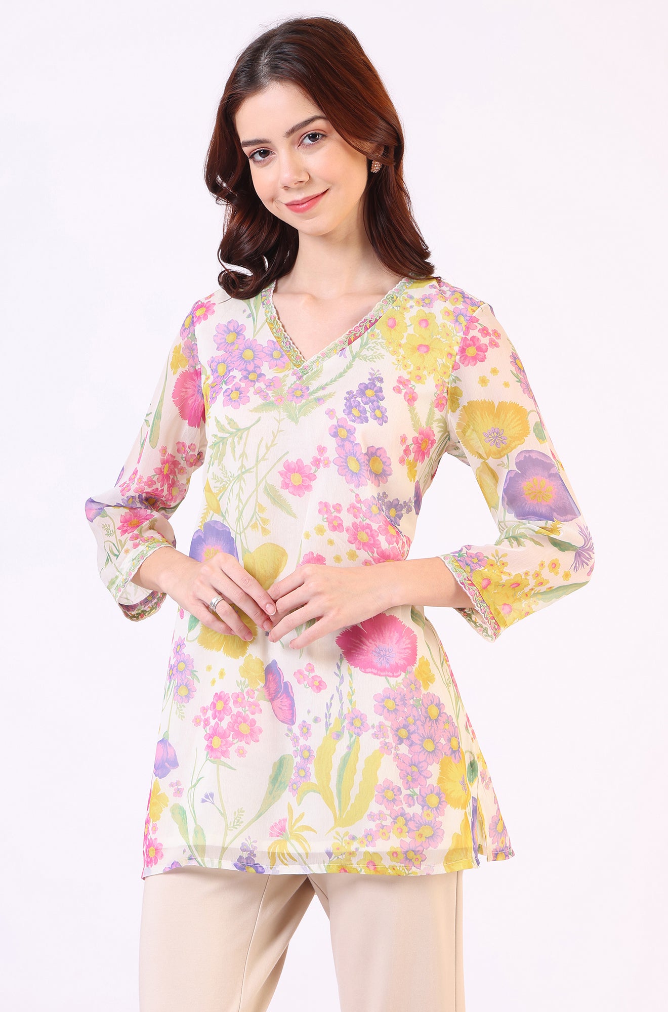 White Floral Printed Straight Chiffon Ethnic Top