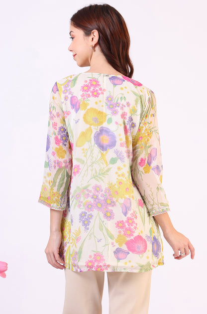 White Floral Printed Straight Chiffon Ethnic Top