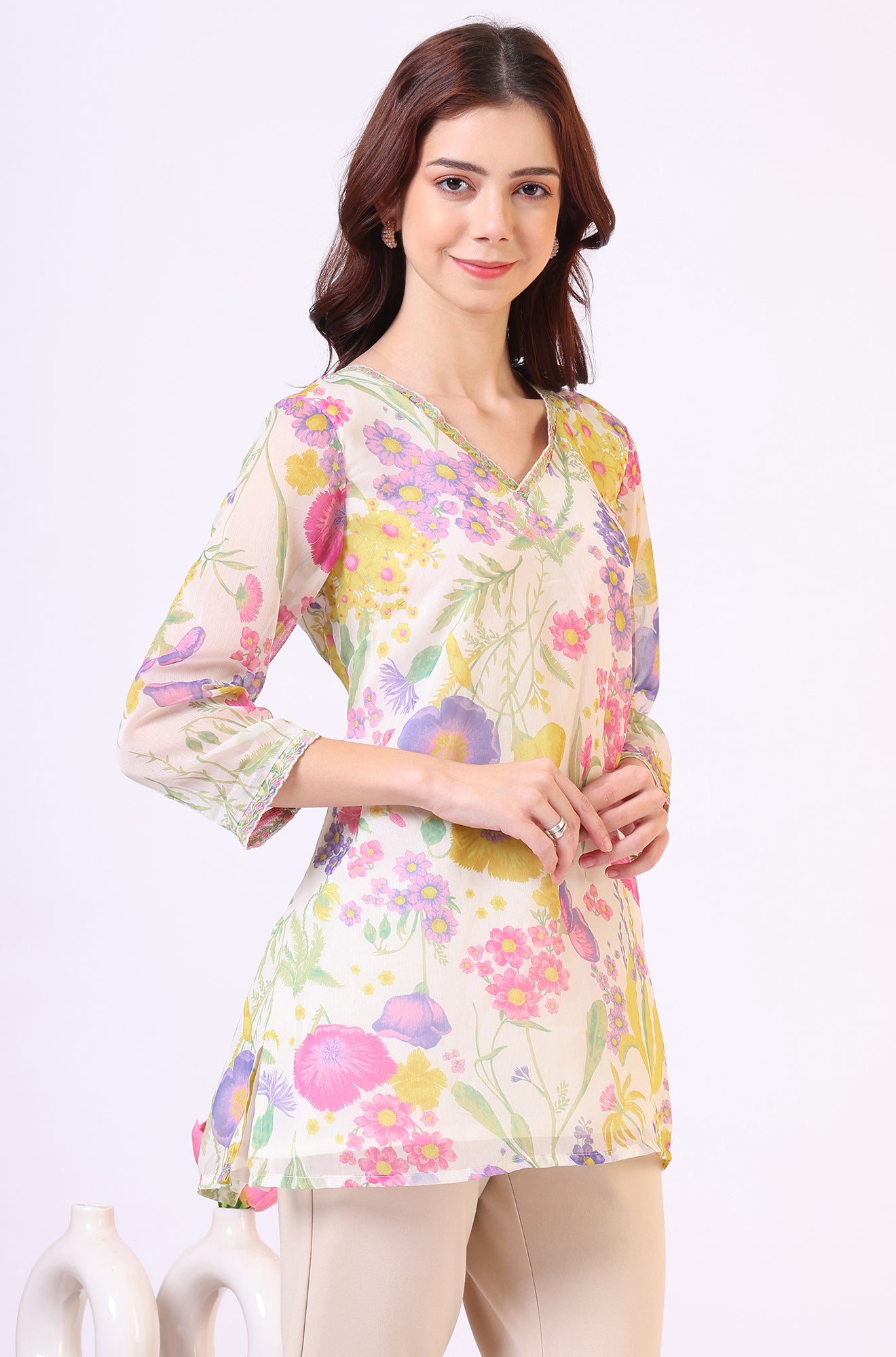White Floral Printed Straight Chiffon Ethnic Top