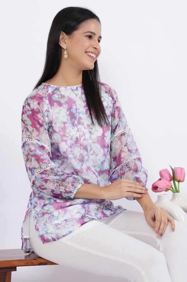 Multicoloured Floral Printed Straight Polyester Top
