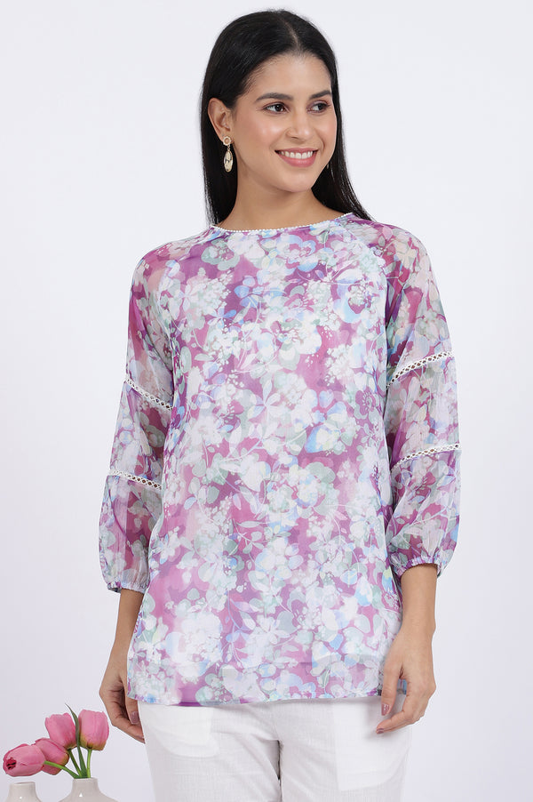 Multicoloured Floral Printed Straight Polyester Top