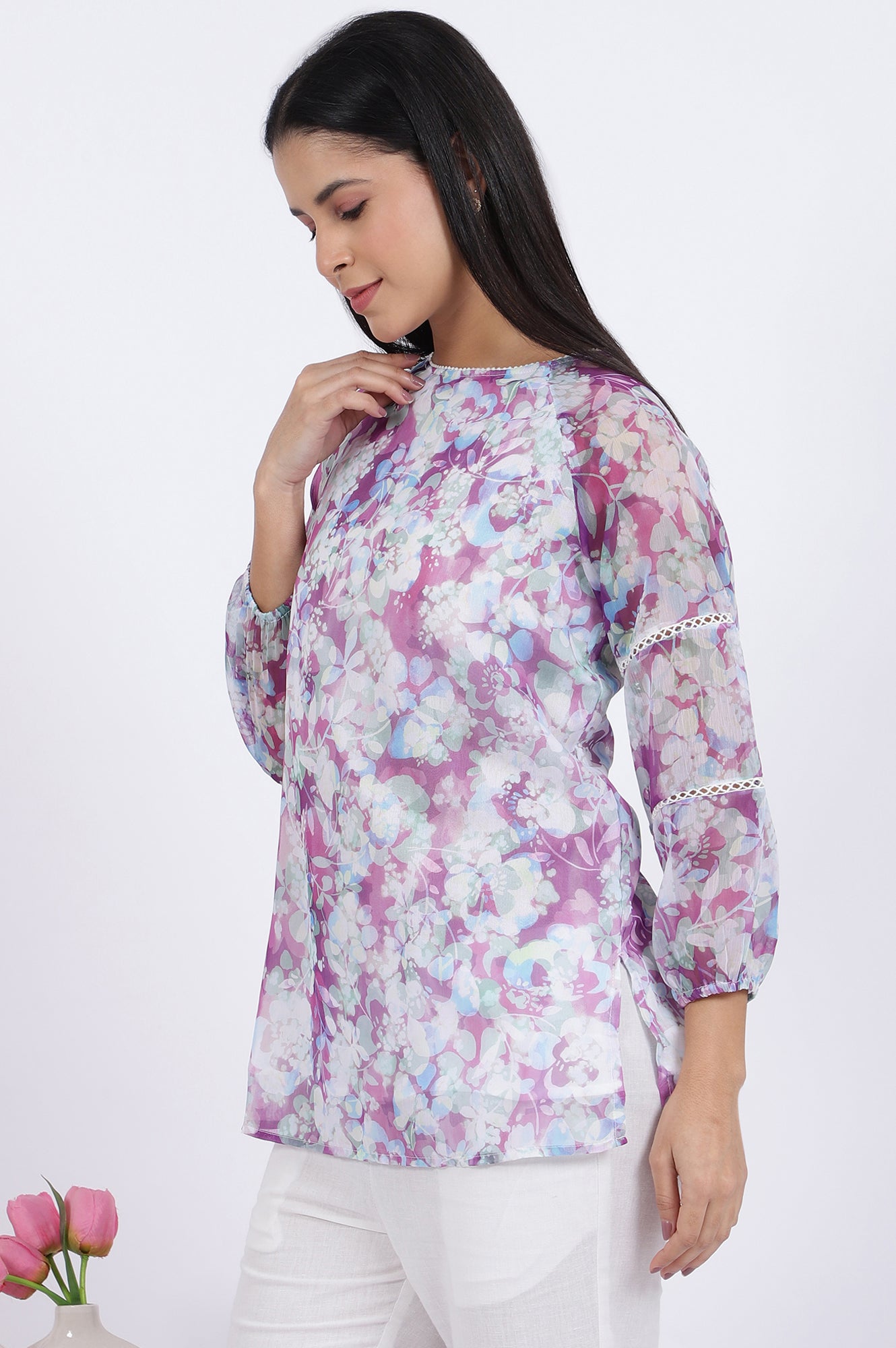 Multicoloured Floral Printed Straight Polyester Top
