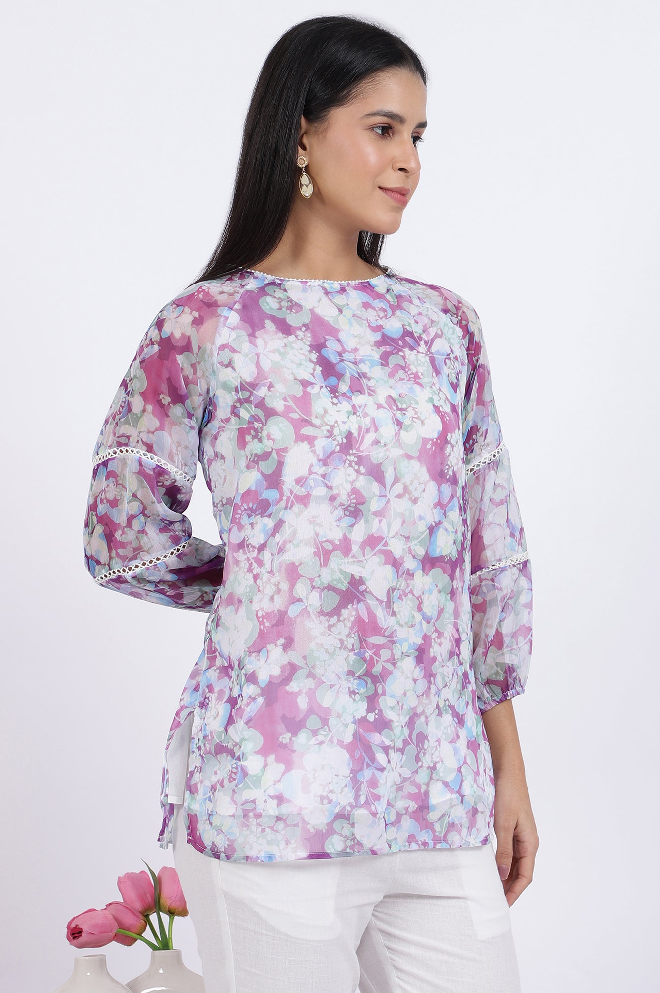 Multicoloured Floral Printed Straight Polyester Top