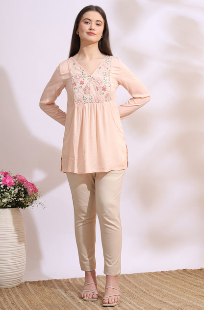 Pastel Pink Thread Embroidered Swiss Dot Ethnic Top