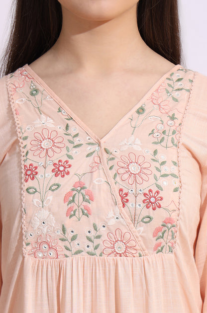 Pastel Pink Thread Embroidered Swiss Dot Ethnic Top