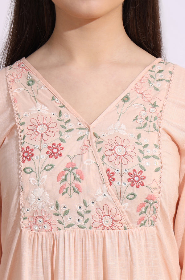 Pastel Pink Thread Embroidered Swiss Dot Ethnic Top