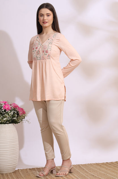 Pastel Pink Thread Embroidered Swiss Dot Ethnic Top