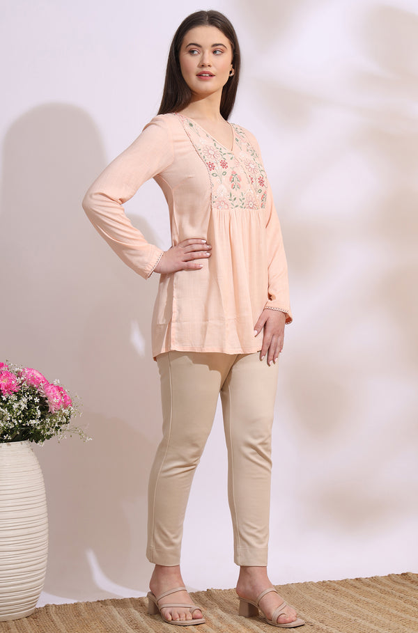 Pastel Pink Thread Embroidered Swiss Dot Ethnic Top