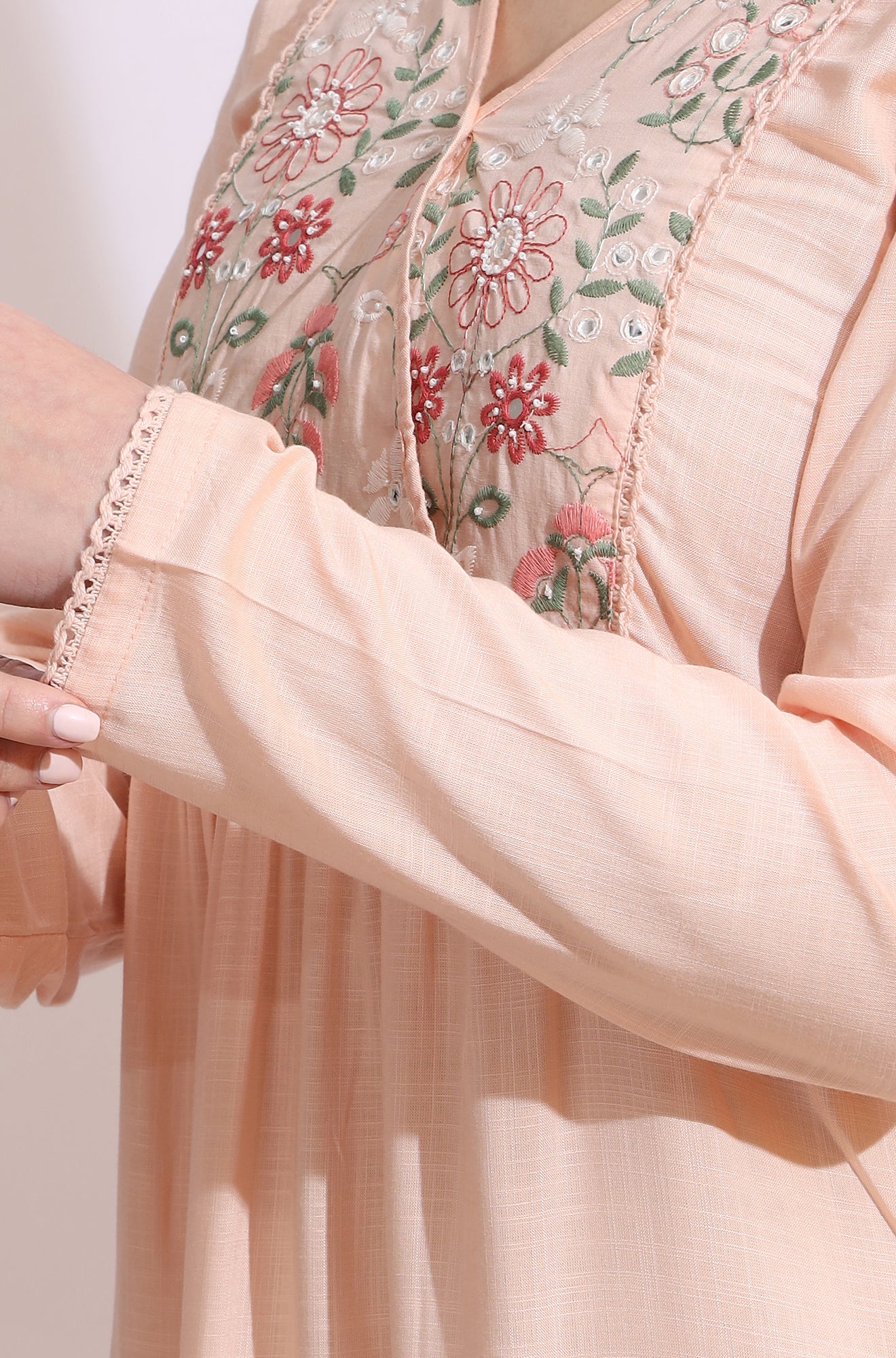 Pastel Pink Thread Embroidered Swiss Dot Ethnic Top