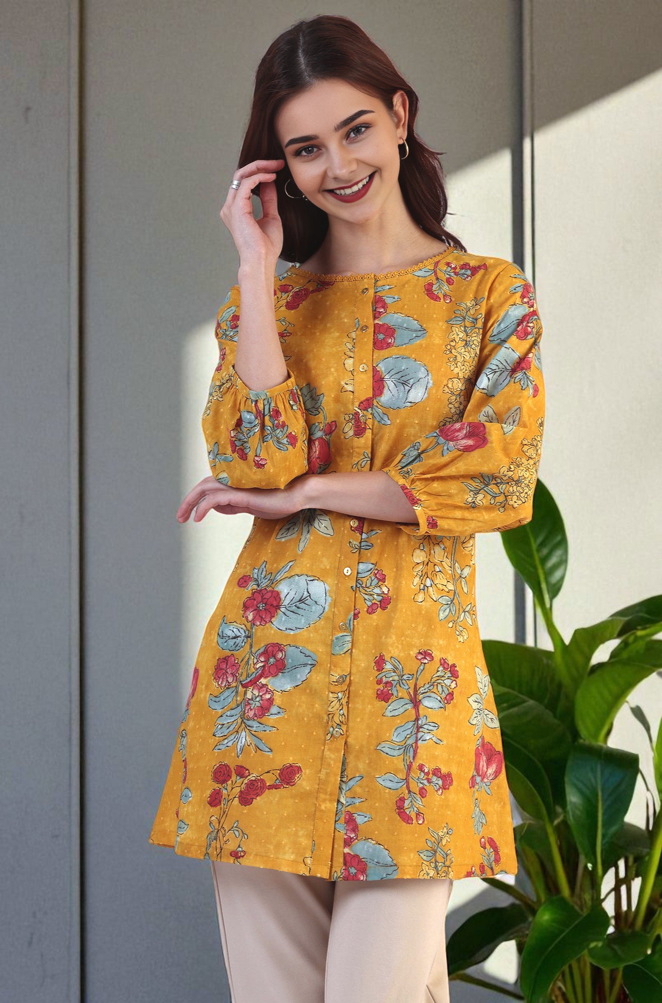 Mustard Floral Printed Button Down Pure Cotton Top