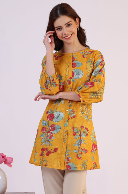 Mustard Floral Printed Button Down Pure Cotton Top