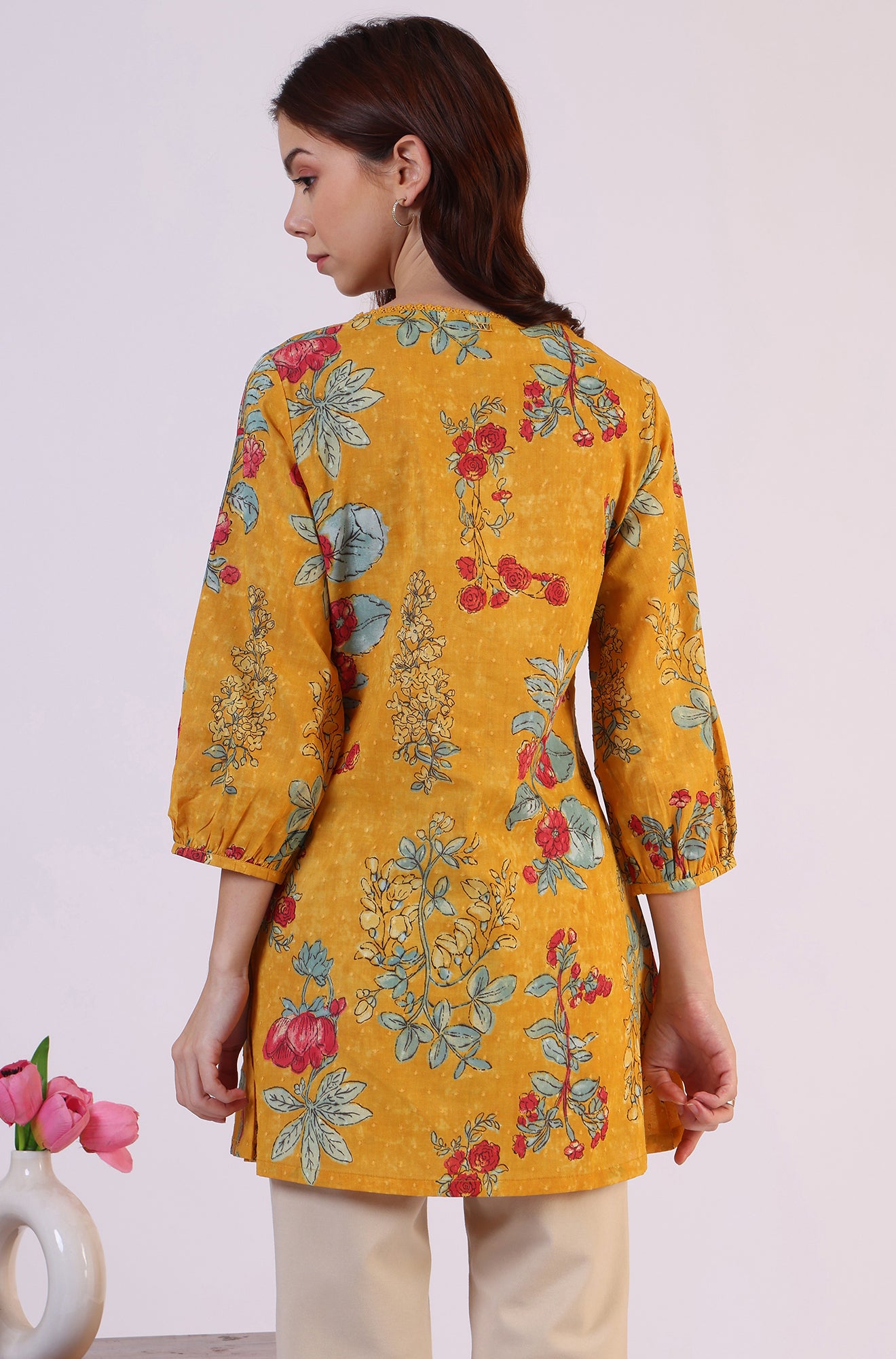 Mustard Floral Printed Button Down Pure Cotton Top