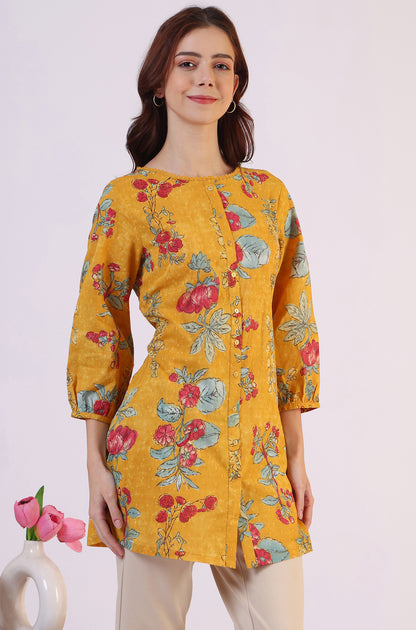 Mustard Floral Printed Button Down Pure Cotton Top