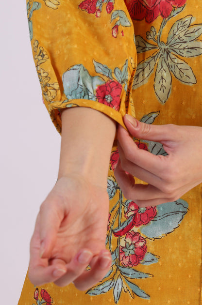 Mustard Floral Printed Button Down Pure Cotton Top