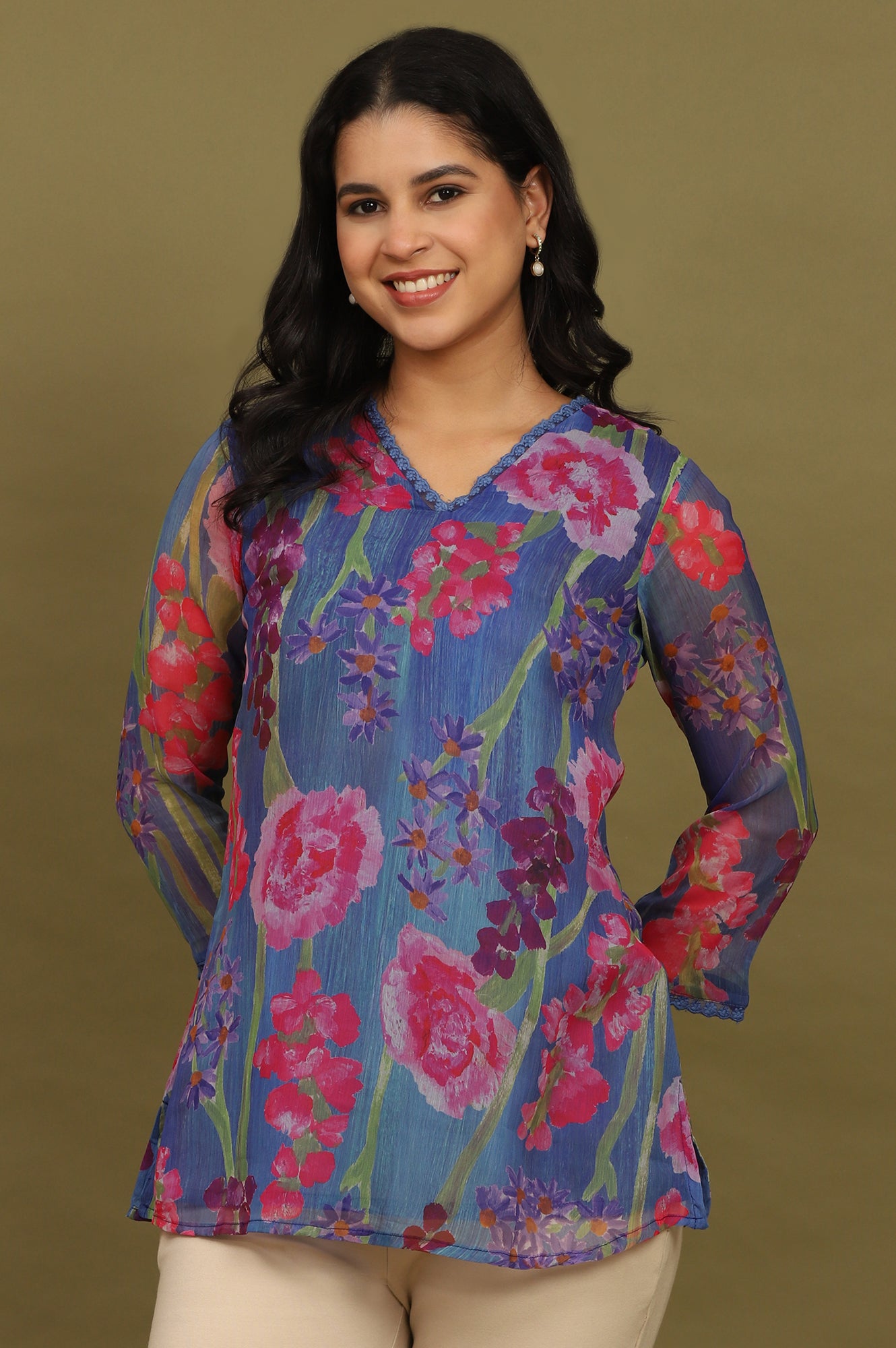 Blue Floral Printed Chiffon Gathered Top