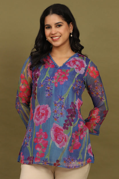 Blue Floral Printed Chiffon Gathered Top