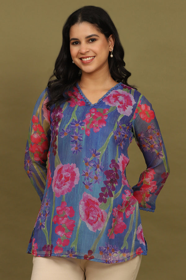 Blue Floral Printed Chiffon Gathered Top